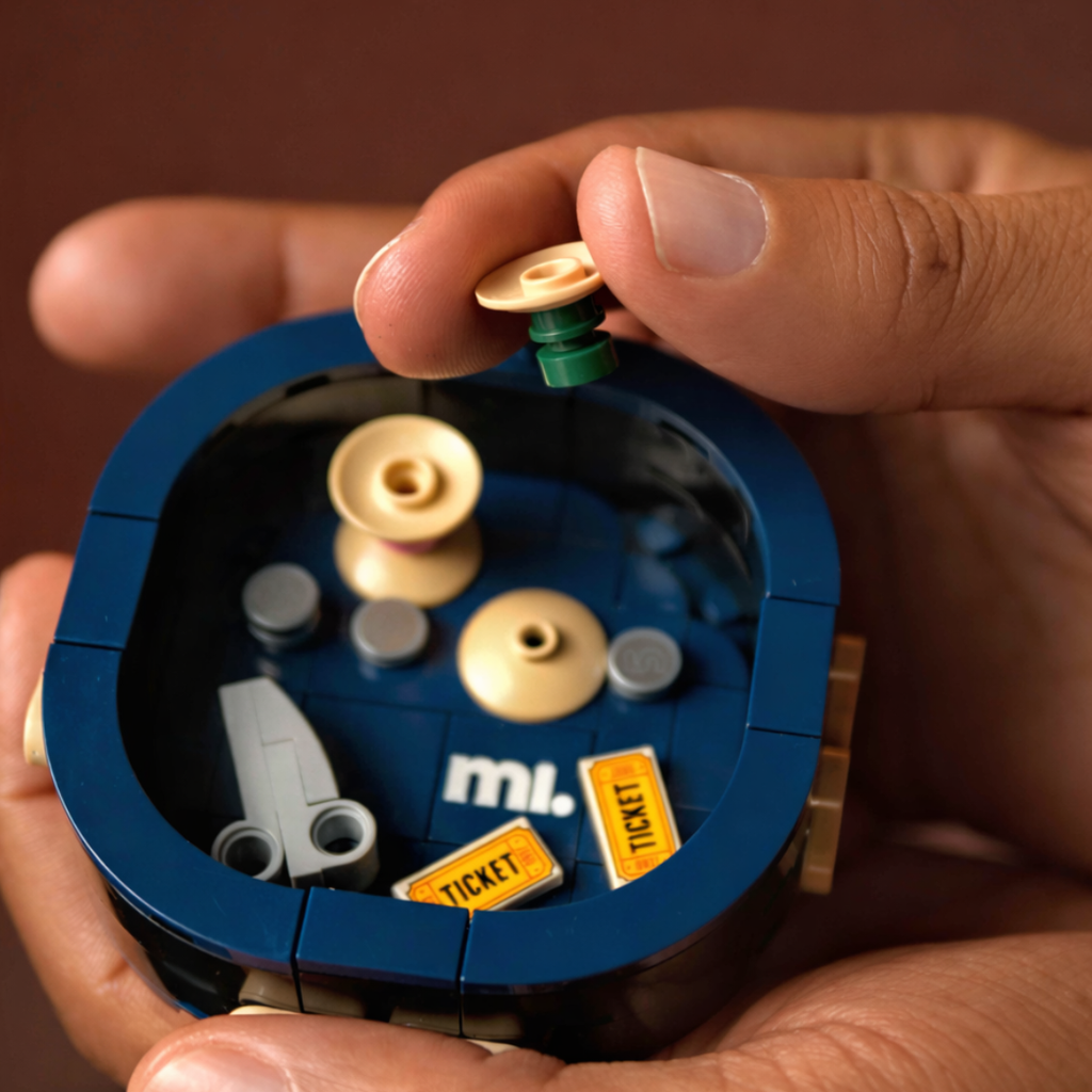 Hand holding a small blue mechanical model with gold and gray components using Lego bricks